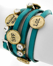 Turquoise Wrap Bracelet Faux Leather Worded Charms 36 Inch - £16.61 GBP
