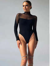Women&#39;s Sheer Mesh Mock Neck Long Sleeve Solid Bodysuit Top_ - $19.00