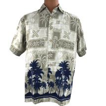 Island Tropics Hawaiian Aloha Shirt Medium Palm Trees Beige Blue Tapas Shirt - £31.57 GBP