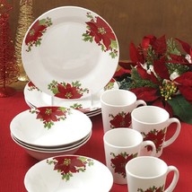 Christmas  Holidays Poinsettia 12 Piece  Dinnerware Set Service For 4 - $129.99