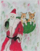 Santa Claus Holiday Christmas Corgi Dog Art Pastel Drawing S - £38.19 GBP