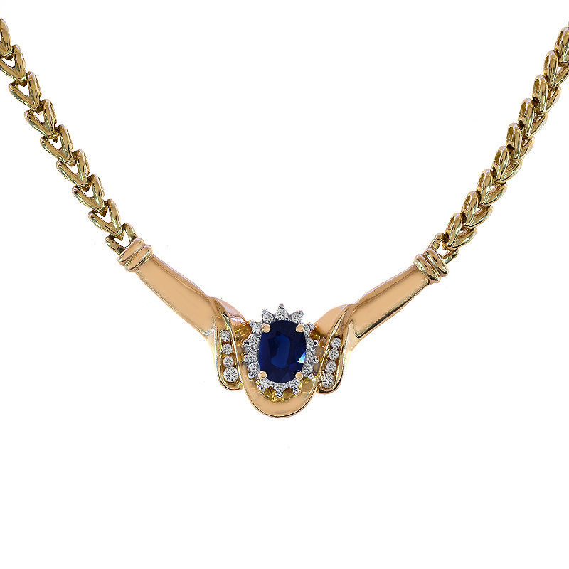 Primary image for 1.50 Carat Oval Cut Sapphire Necklace With 0.28 Carat Round Cut Diamonds 14K Yel