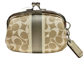 Coach Framed Signature Bias Print Heritage Stripe Kisslock Coin Purse Kh... - $604.59 MXN