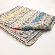 Pastel White Yellow Blue Pink Baby Blanket Lap Afghan Crocheted 35 x 44 inches - £18.67 GBP