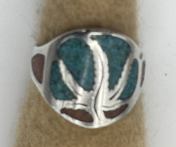 Vintage Tree of Life Sterling silver turquoise Coral Chip Inlay Ring siz... - $93.49
