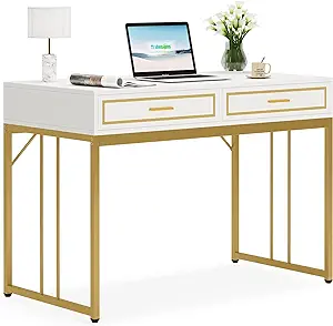 47 Computer Desk With 2 Drawers, White Gold Writing Desk Make Up Vanity ... - $317.99