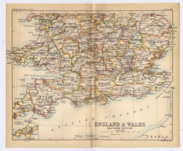 1888 Original Antique Map Of Southern England And Wales / London Cornwall - £16.91 GBP