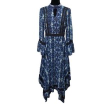 Modcloth Blue Boho Floral Bell Sleeve Crochet Lace Tie Neck Dress Size M... - £44.72 GBP