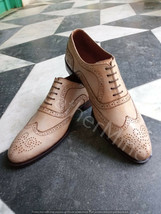 Men&#39;s Handmade Beige Leather wingtip shoes, Custom leather lace up dress shoes. - £136.68 GBP