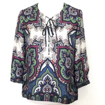 Talbots Petites Silk Blouse Size 6P Paisley Womens Tie Career Work Blue ... - $17.81