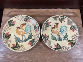 Pair Lamas Pottery Italy Rooster Pink Flower 8 in Plates Rooster Salad P... - £13.14 GBP