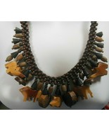 Vintage Safari Carved Wood Bead Cluster Statement Necklace Elephants, Lions - $148.50