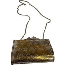Vintage Peacock Flower Engraved Brass Pillow Purse Chain Strap 7&quot; x 4.5&quot; - $59.00