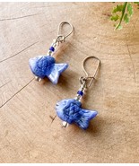 Boho Blue &amp; Clear Seed Bead Carved Sodalite Fish Earrings 925 Silver Han... - $273.50 MXN