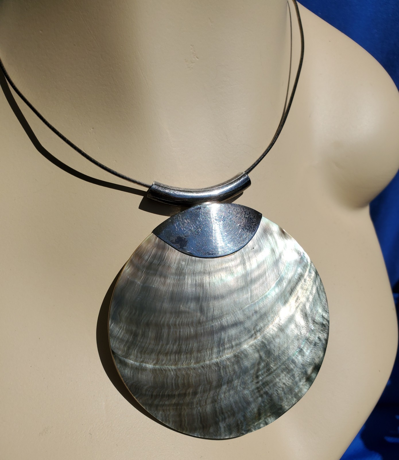 Sterling Silver 925 Deco Modernist Necklace 29 Gr Vintage ABALONE Revival Collar Item image 2