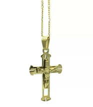 14k Yellow Gold Plated Jesus Cross Religious Pendant 19&quot; Chain Necklace ... - £13.92 GBP