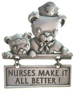 JJ Jonette Signed Nurses Make it All Better Teddy Bear Pin Brooch Pewter - £13.47 GBP
