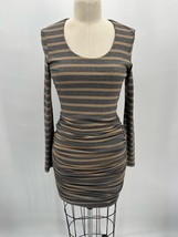 Torn by Ronny Kobo Ruched Bodycon Dress Sz M Gray Tan Striped Long Sleeve - £37.07 GBP