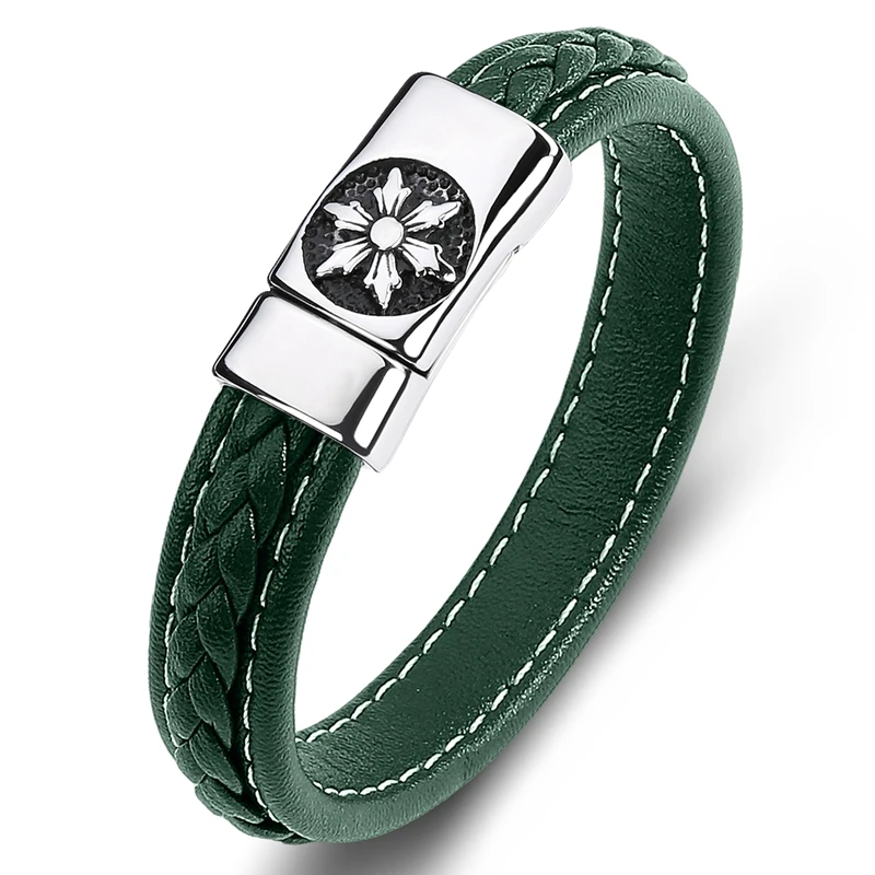 Trendy Men Bracelet Green Braided Leather Bangle Stainless Steel Magnet Buckle M - £17.99 GBP