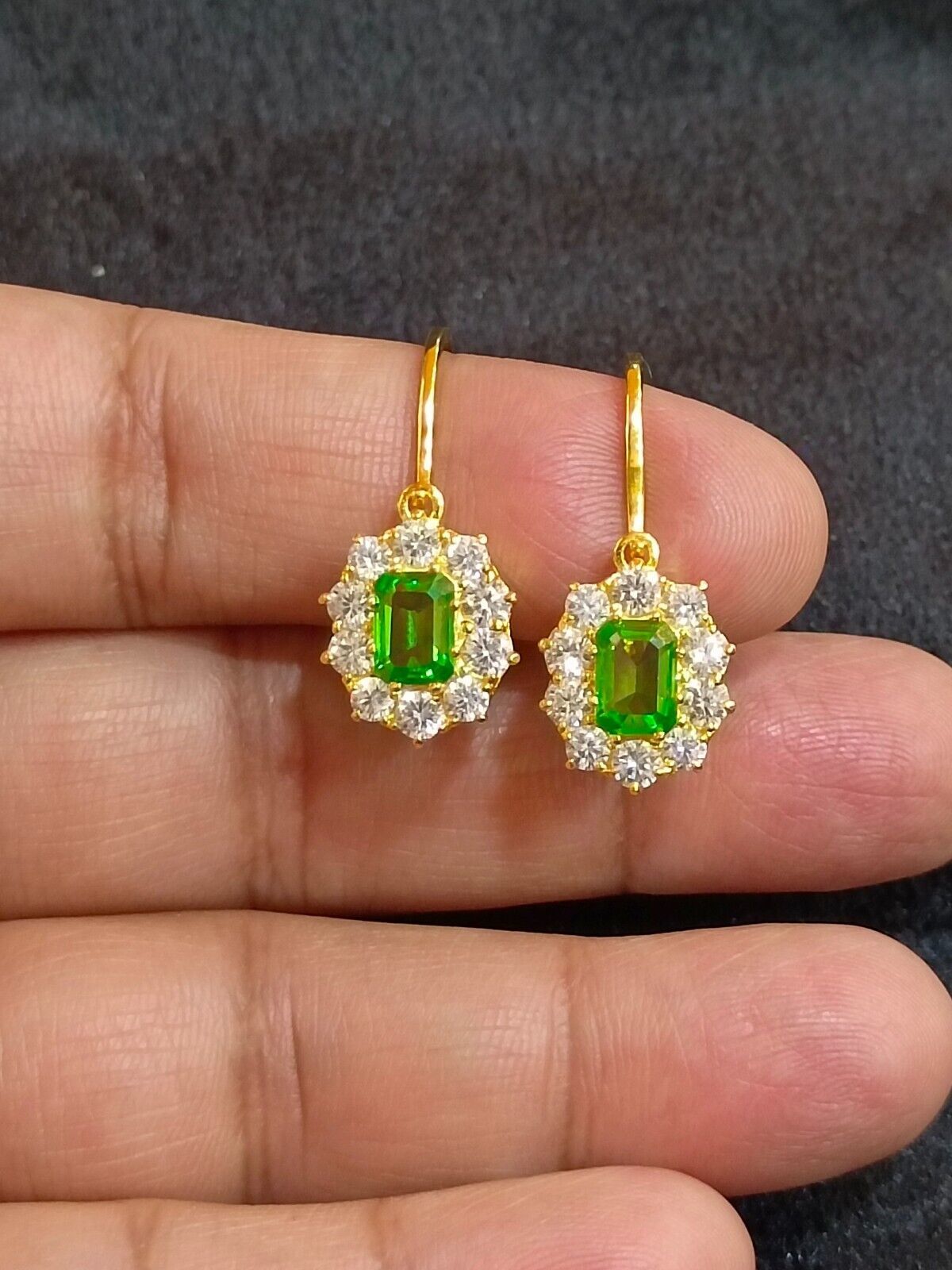 4CT Green Emerald & Diamond 14K Yellow Gold Plated  Cluster Drop Earrings - £58.06 GBP