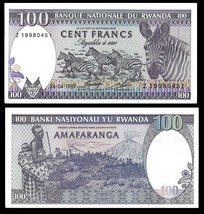 Rwanda P19, 100 Francs, zebras / Volcanoes, woman with baby UNC 1989 - $92.49 MXN