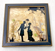 Vintage Silhouette Picture Victorian Couple Umbrella Pressed Flowers 4” ... - $452.20 MXN