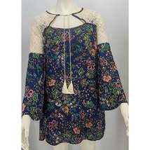 Entro Bell Sleeve Sheer Boho Peasant Crochet Dress navy size small - £34.61 GBP