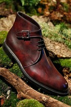 Men&#39;s Handmade Classic Burgundy Leather Boot Casual Lace Up Buckle Boot - £119.89 GBP