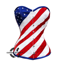 USA Flag Corset Red Strips Blue Satin Gothic Overbust Costume Burlesque Top - £62.57 GBP