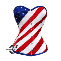 USA Flag Corset Red Strips Blue Satin Gothic Overbust Costume Burlesque Top - £61.94 GBP