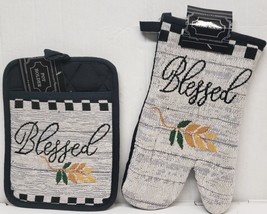 2pc Tapestry Set:Oven Mitt(12&quot;)&amp;Pot Holder(7&quot;x9&quot;)BLESSED &amp;LEAVES IN RECT... - £7.75 GBP