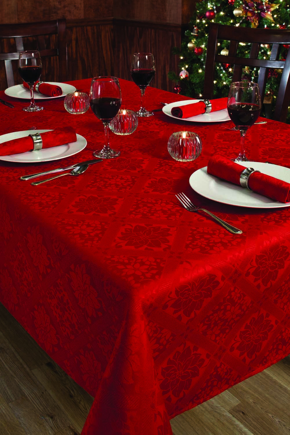 Vintage Christmas Holiday Red Damask Poinsettia Diamond Table Cloth  - £63.00 GBP