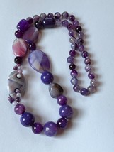 Beautiful Handknotted Purple Agate Round &amp; Oval Stone Bead Long Necklace - 27 in - £22.81 GBP