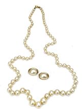 Signed TRIFARI  FAUX PEARL 3 PC Parure TRIFANIUM GOLD Necklace Earrings - $98.01