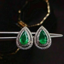 3.50Ct Pear Cut Green Emerald Double Halo Stud Earrings 14K White Gold Finish - £88.96 GBP
