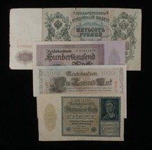 Germany &amp; Russia 4-Notes Lot Large-Size German Mark &amp; Russian Rubles - £39.69 GBP
