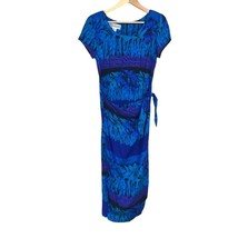 Vintage Beachy Wrap Dress Women’s 8 Blue Palm Pattern Short Sleeve Resor... - $30.69