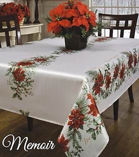 Christmas Memories Red Poinsettia Hollies And Berries Tablecloth 60 x 104 - $55.00