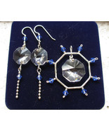 Swarovski crystal sterling jewelry set, octagon pendant earring, blue white - £64.34 GBP