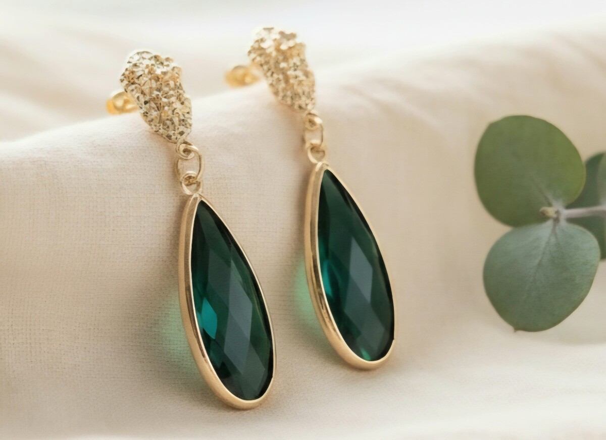 Emerald Crystal Earrings 14k Gold Over Sterling Posts - $18.80