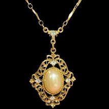 vintage 1928 gold tone filigree faux pearl chain linked long necklace 24” - £27.97 GBP