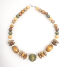 Multicolor Wood Necklace Beads Plastic Oval Disc Gold Brown Green Cream Mustard - £12.34 GBP