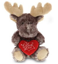 I Love You Plush Cute Brownish Sitting Moose With Red Heart  10 Inches - £29.53 GBP