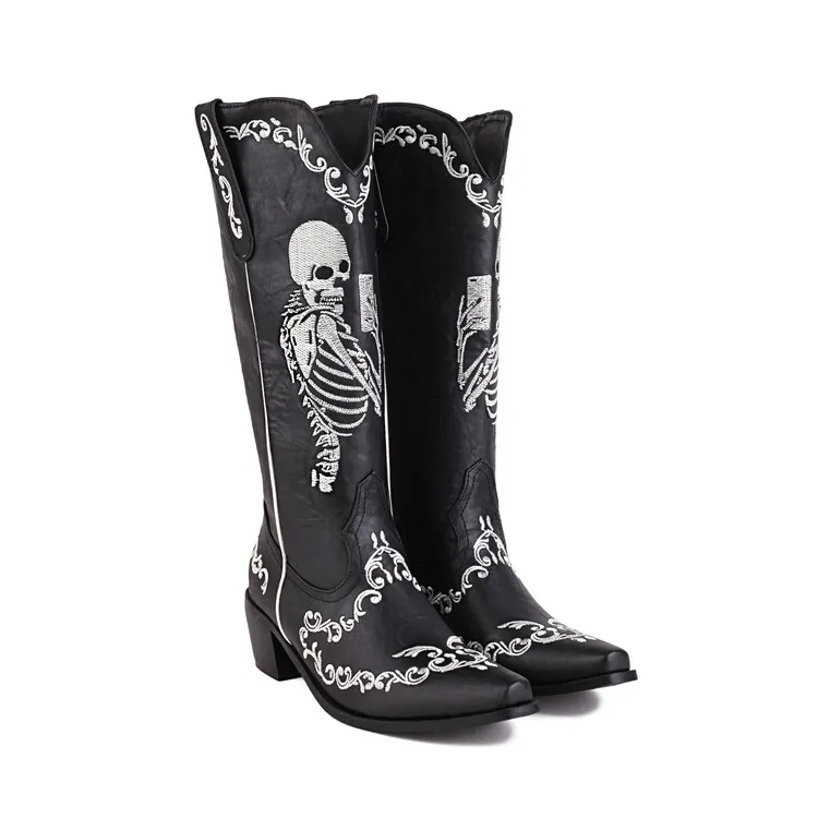 Broidery skull pointed toe mid calf boots chelsea western chunky heel cowboy shoes plus thumb200