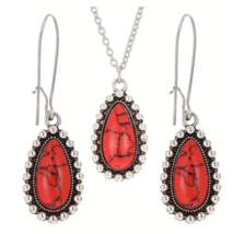 Vintage Boho Style Red Turquoise Drop Pendant Necklace &amp; Earrings Set - £10.41 GBP