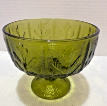 Mid Century Modern Green Glass Pedestal  Centerpiece~Vase~Oak Leaf~Textu... - $66.59 CAD