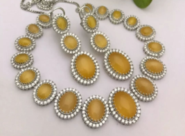 Indian 925 Sterling Silver Plated Yellow Sapphire CZ Choker Necklace Jewelry Set - £144.74 GBP