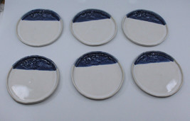 Signed Studio Art Pottery 6 Plates Dish Set Fish White Blue 12.5 cm 4 7/... - £62.25 GBP