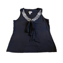 LOFT Womens Navy Blue Sleeveless Floral Embroidered Collar Bow Medium Ta... - £16.91 GBP