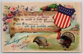 Thanksgiving Greetings Poem Turkeys Patriotic Floral Fruit Emb Postcard V22 - $8.95
